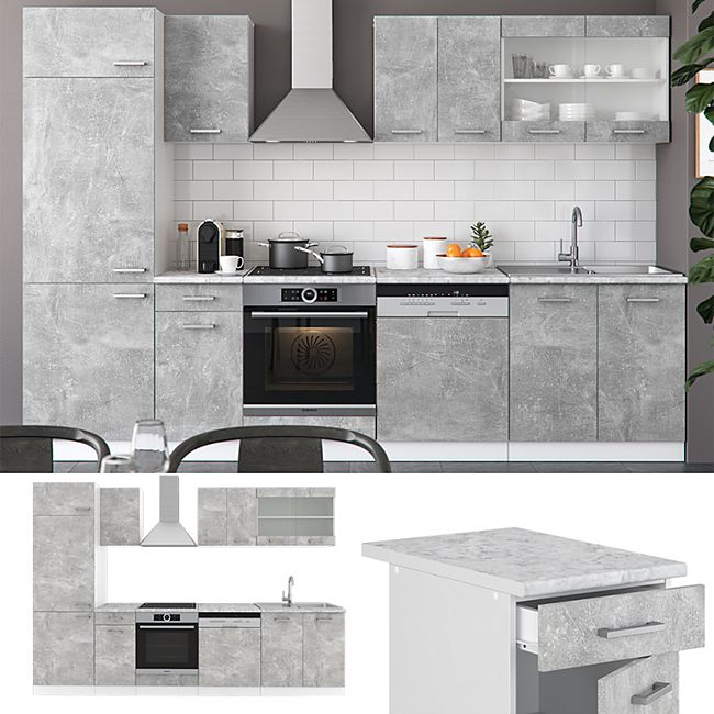 Vicco Kuche R Line 300 Cm Kuchenzeile Kuchenblock Einbaukuche Beton Ohne Arbeitsplatten Online Kaufen Bei Netto
